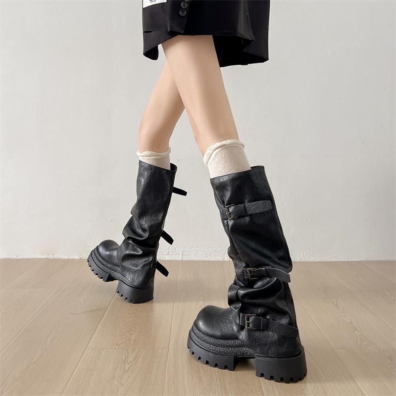 Retro black British platform boots women's boots 2025 new autumn with skirt thin knight boots