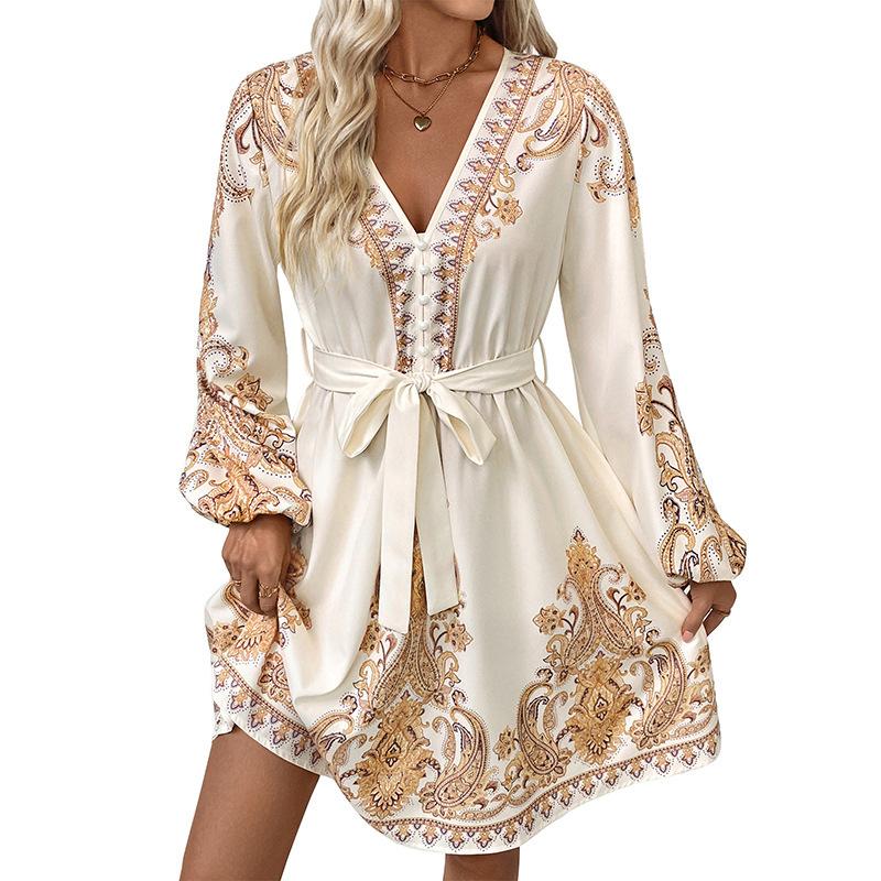 Fashion New Women's Clothing Elegant National Retro Style V-neck Long-sleeved Print Versatile Elegant Dress