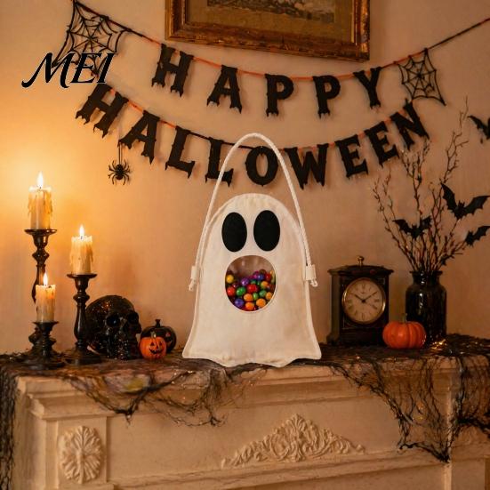 Trick or Treat Bucket Halloween Ghost Candy Bag for Kids, Cute Fabric Party Favor Sack Tote with Handle, Spooky Snack Goodie Bags Supplies Storage