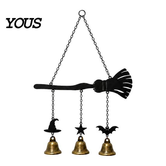 Hanging Wind Chime Halloween Witch Broom Chime, Holiday Party Decorative Metal Bell for Indoor Outdoor Garden Patio Porch Festive