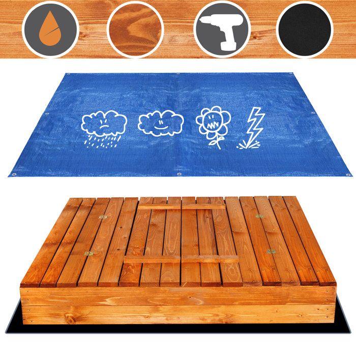 Bac à sable - SPRINGOS - 150 x 150 cm - Bois imprégné - Bancs pliables - Couvercle de protection