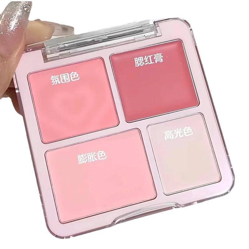 Korean Style 4-Color Blush & Highlight Palette: Matte & Shimmer for Dimensional Contouring and Face Brightening.