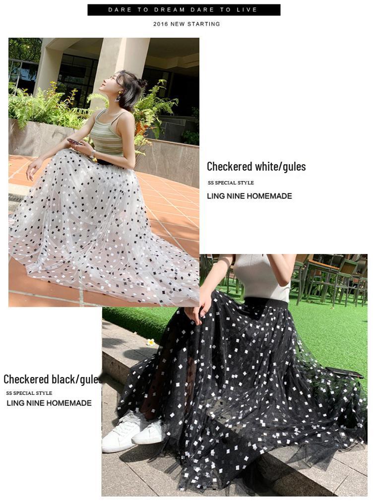 Women's High Waist Black Mesh A-line Midi Tulle Skirt