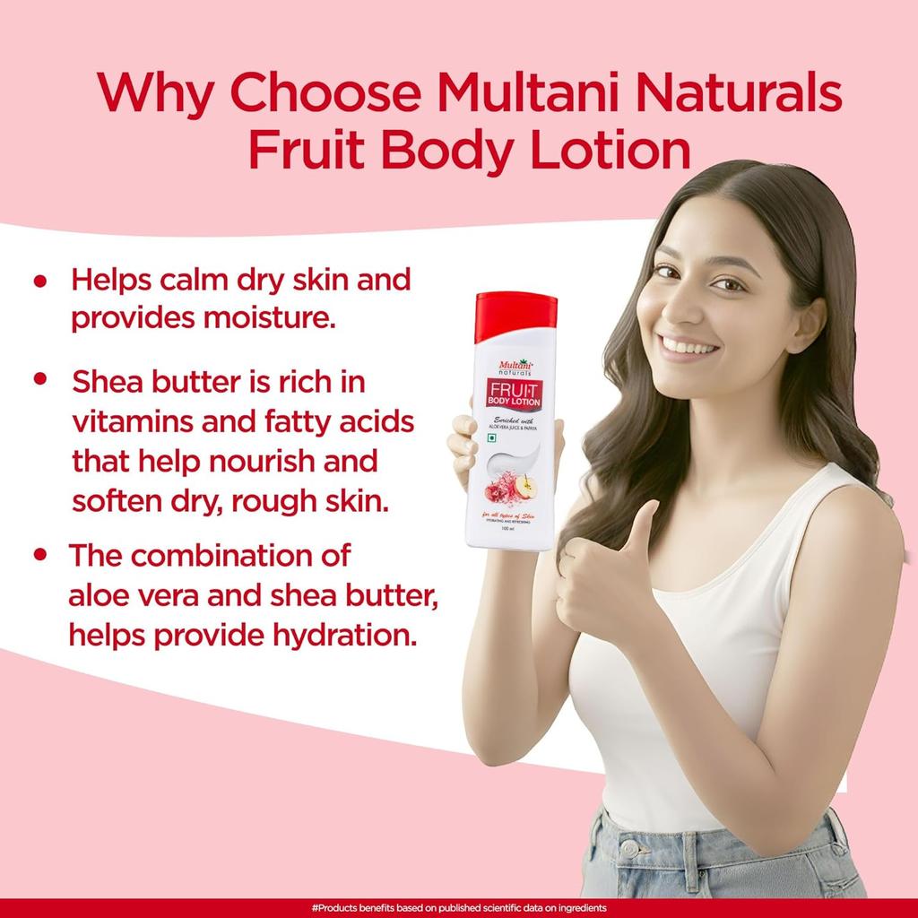 Multani Natural Fruit Body Lotion Pack of 2 100ml Each Quick Absorbing Non Sticky Face Body Hands Moisturizer Glowing Skin Hydration Care