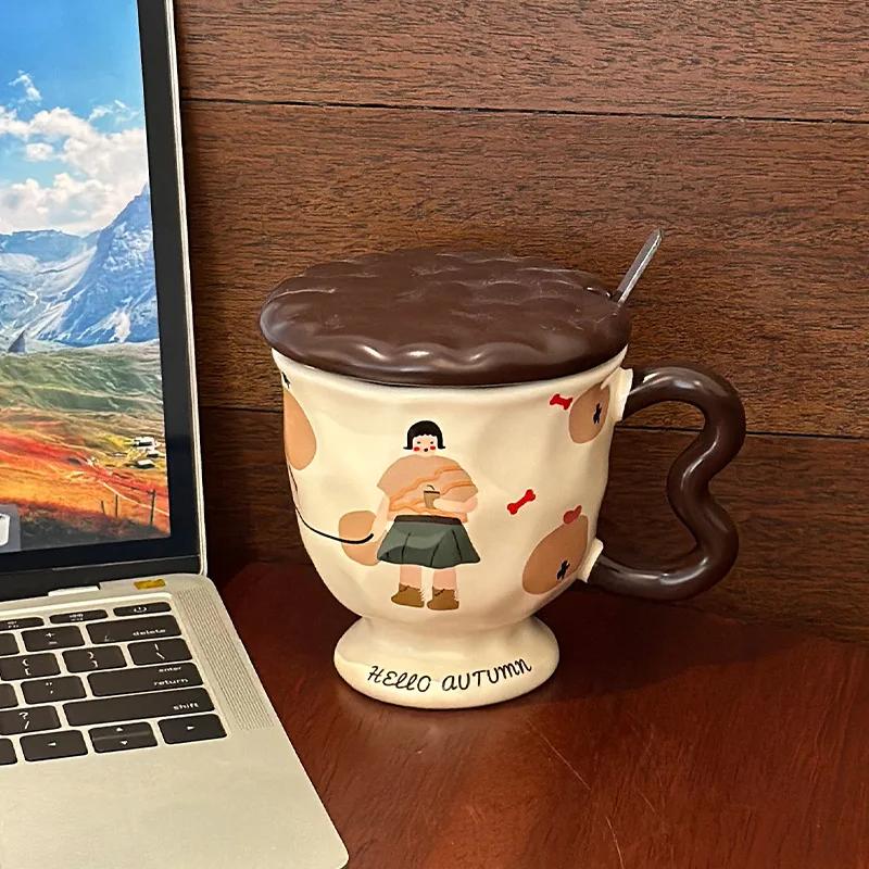 Vintage Girl Ceramic Coffee Cup with Cover Spoon Goblet Water Cup High Footed Breakfast Cups Milk Tea Cups Milk Mug Juice Mug