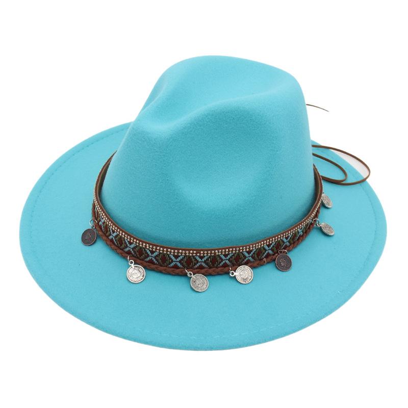 Ethnic Topper Hat Imitation Silver Accessories Felt Hat Jazz Hat Big Brim Stage Performance Hat