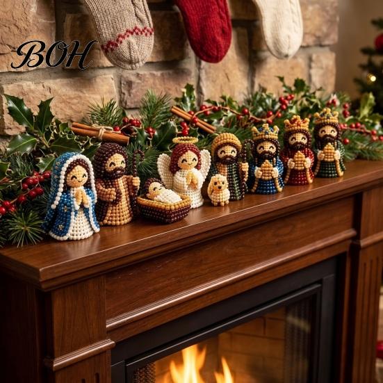 Christmas Nativity Bead Kit 3D Craft for Decoration, DIY Beaded Scene Beading Set Figurine Adults Family, Holiday Home Ornament Making