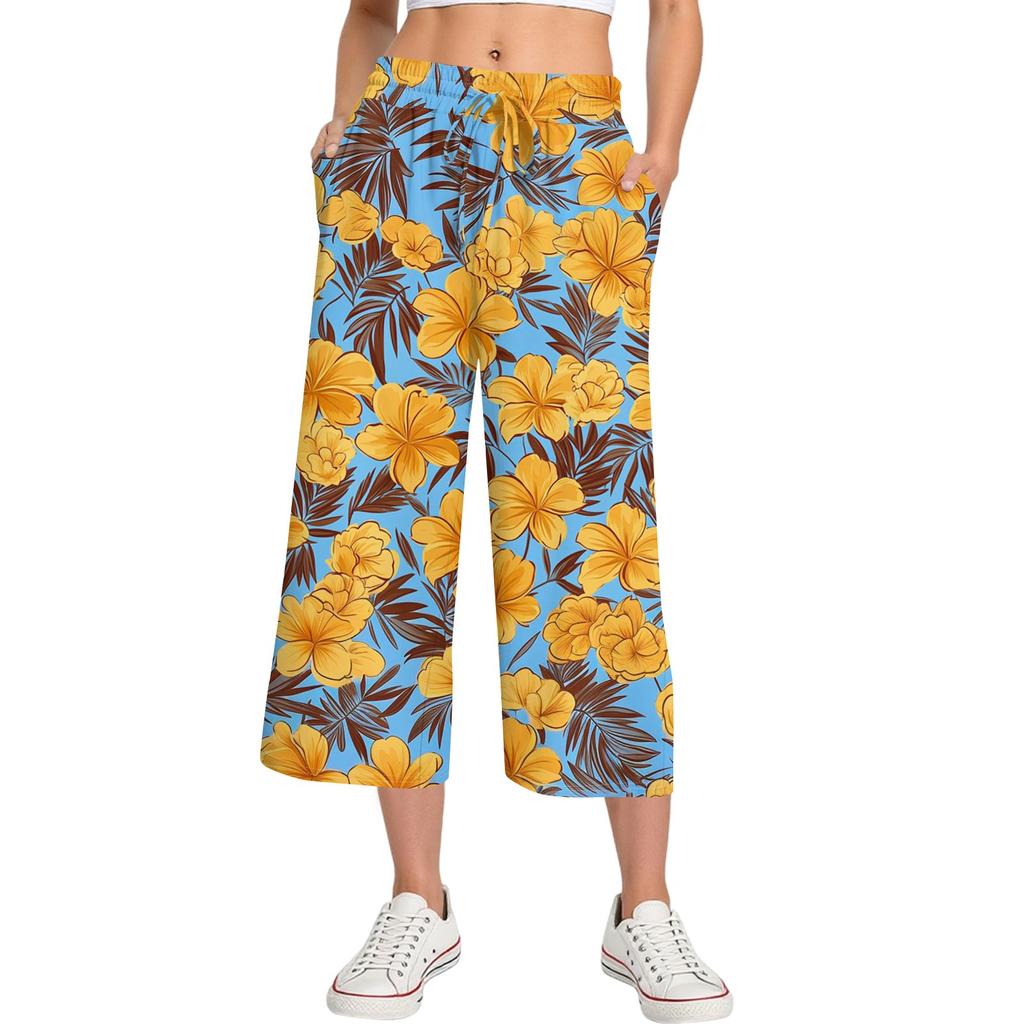 Damen Sommer Hohe Taille Bedruckte Freizeit-Sportbekleidung Lässige Cropped-Hose Weite Hose