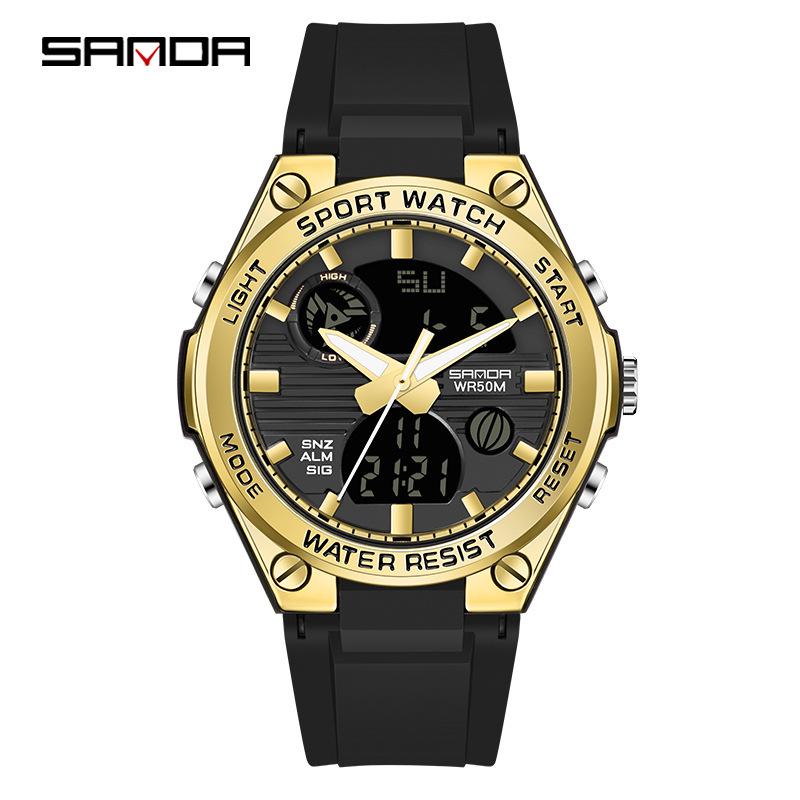 Sanda Trendy Waterproof Sports Watch - Minimalist Design with Dual Display for Students