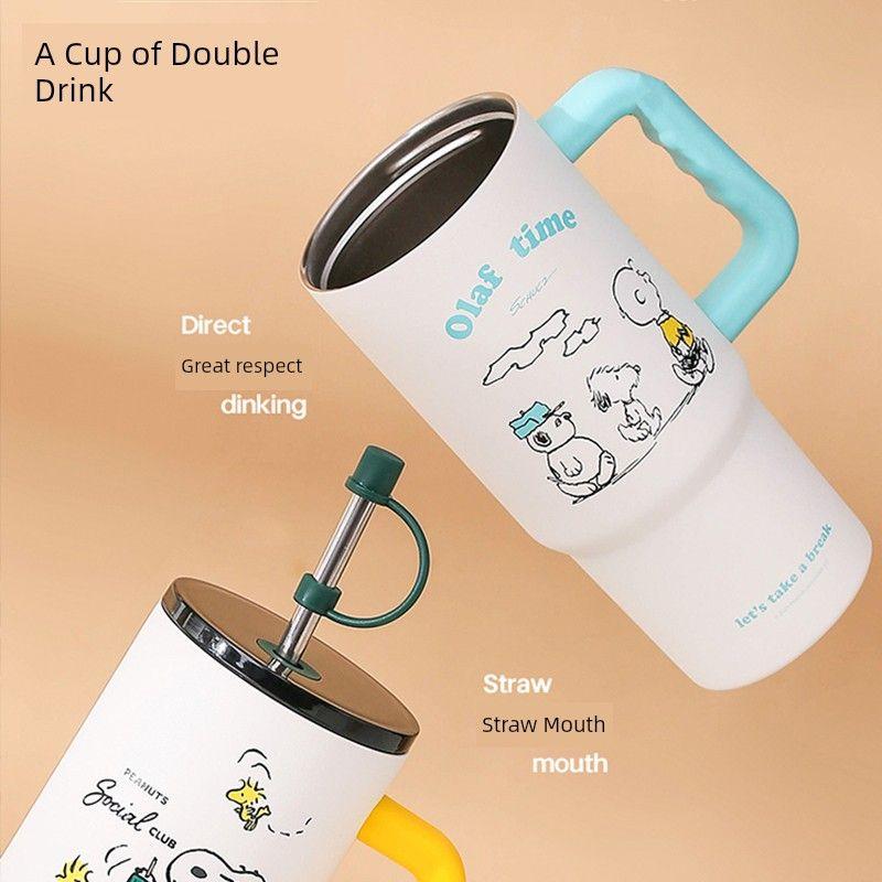 Snoopy's Neue Große Thermoskanne, Schreibtisch-Trinkbecher mit Strohhalm, Hochwertiger Tragbarer Eisbecher für Damen, Tragbarer Becher