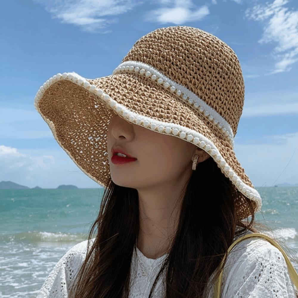 Retro Pearl Women Sun Hat Woven Korean Style Straw Fisherman Hat Foldable Visor Cap Bucket Hat Outdoor