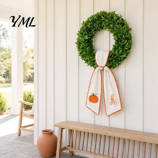 Rustic Fireplace Mantel Trimmings Halloween Pumpkin Wreath Sash for Fall Front Door Decor, Orange Scalloped Fabric Festival Gift Decorating