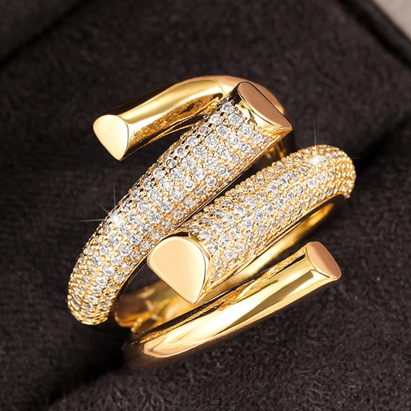 Huitan Hyperbole Geometric Shape Gold Ring for Women - Luxury CZ Sparkling Ring for Daily Wear & Parties