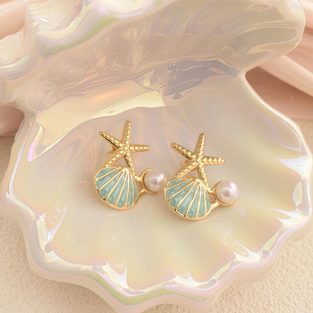 Marine-Themed Stainless Steel Sea, Shell & Earrings - Elegant Nautical Suitable for Daily Wear, Parties, Year-Round Versatile - Shell & Earrings