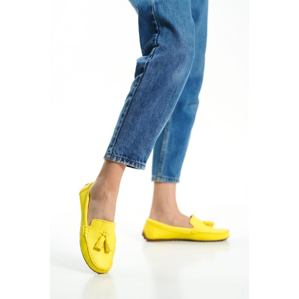 201-bj Genuine Leather Tasseled Oval Toe Women's Beige Ballerinas