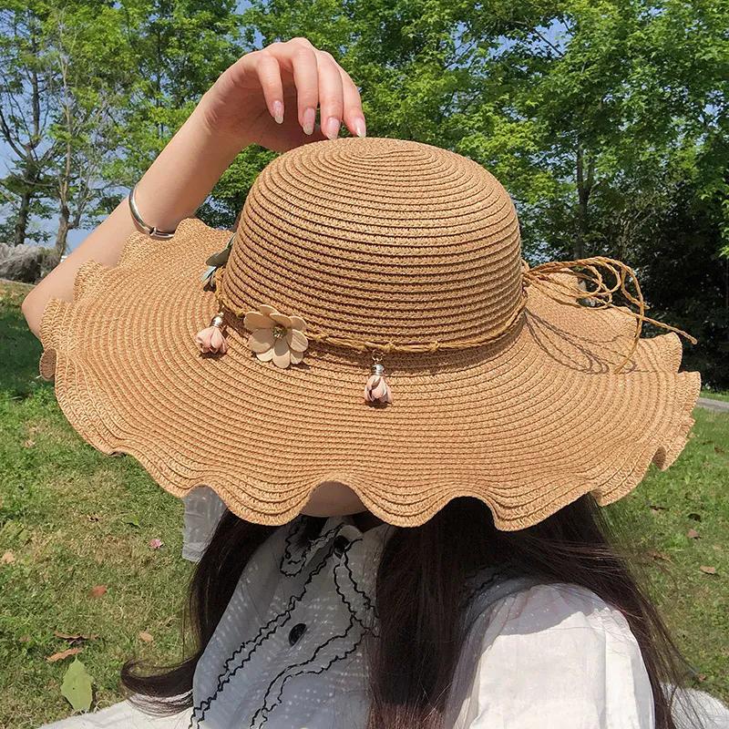 WTEMPO Solid Color Women Spring Summer Wide Brim Flowers Bow Sun Hats Outdoor Breathable Foldable Beach Sunscreen Hats