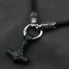 Men stainless steel Wolf head Norse Viking amulet Thor hammer pendant necklace with leather chain
