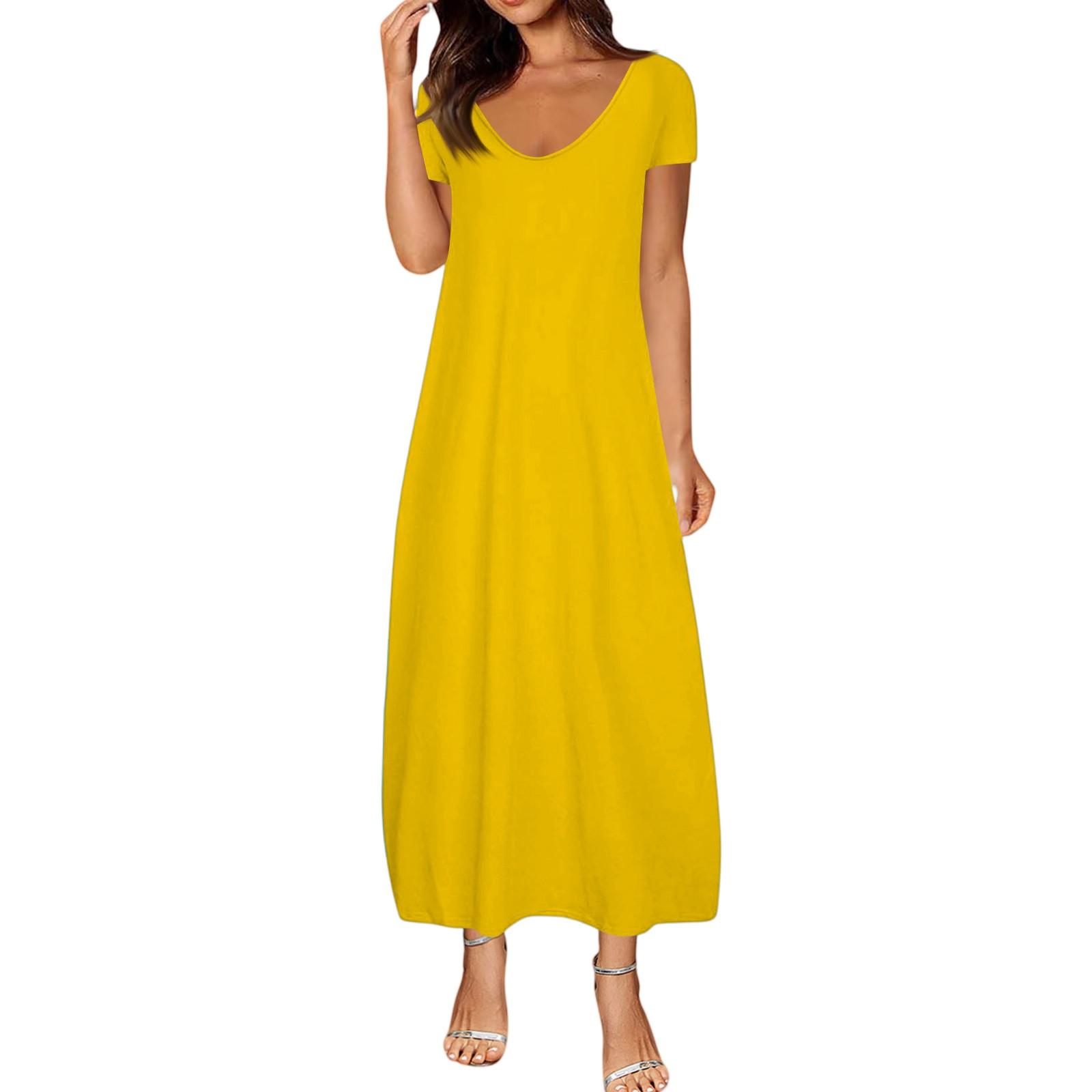 

Женские летние платья больших размеров однотонные сексуальные с коротким рукавом и карманами свободного кроя XL жёлтый