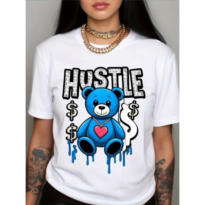 Женская футболка с коротким рукавом - Европейский размер - Белая футболка с принтом медведя, Повседневная, С круглым вырезом, Модный топ на все сезоны, Подарок на День святого Валентина S белый