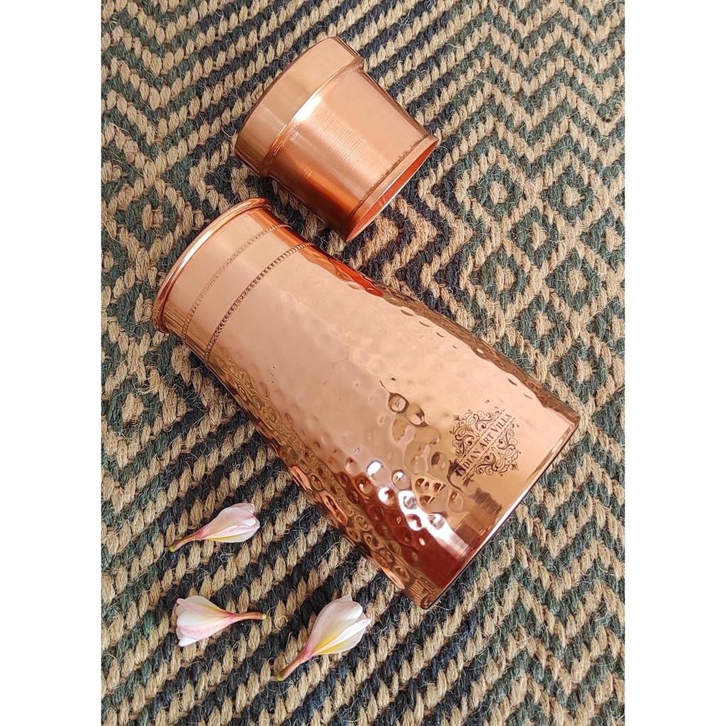 Wasserflasche aus reinem Kupfer für das Schlafzimmer mit eingebautem Glas, gehämmertes Glanzdesign, Trinkgeschirr und Aufbewahrungszweck, 1000 ml (Packung mit 1)