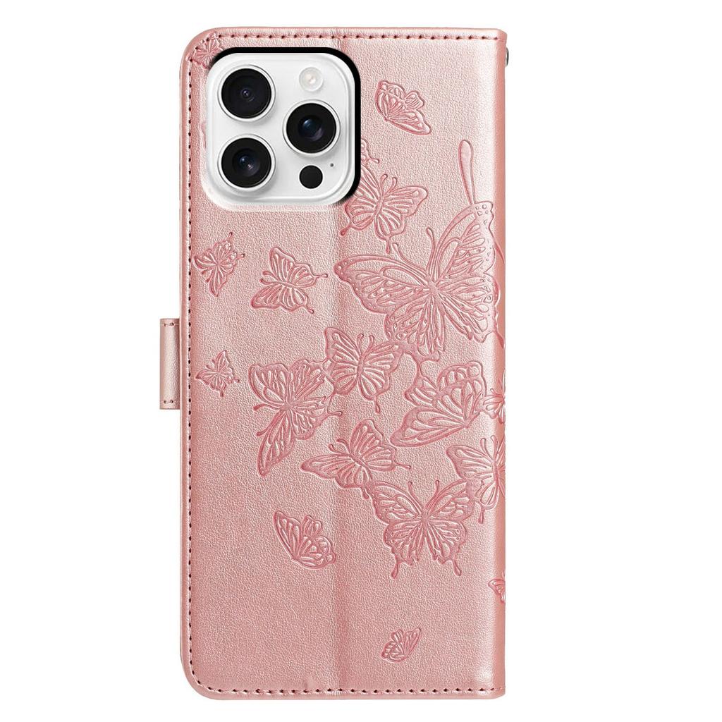 For iPhone 16 Pro Case Butterfly Imprinted Wallet Stand PU Leather Flip Phone Cover with Strap