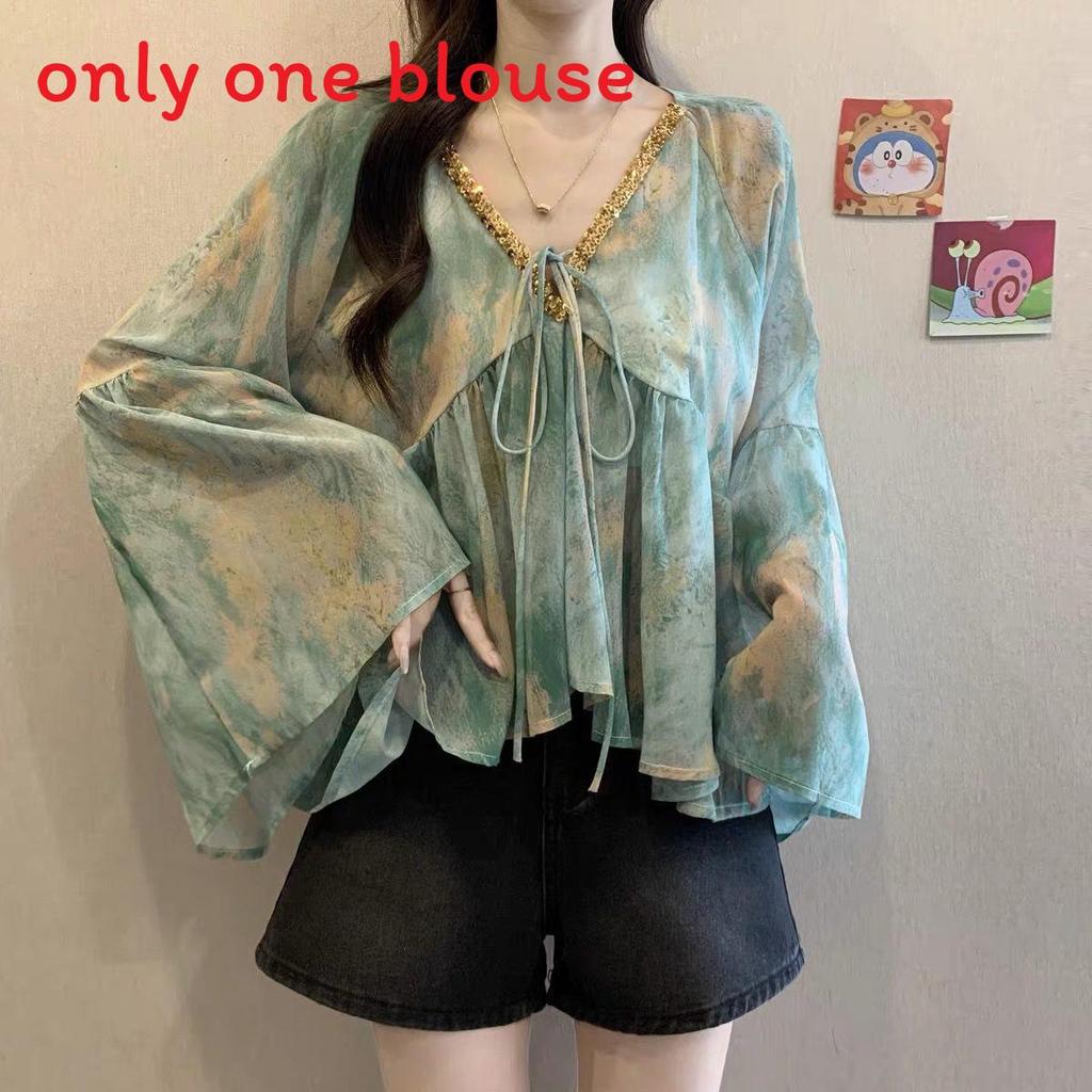 Sommer Chiffonbluse mit 3D-Druck und V-Ausschnitt für Damen