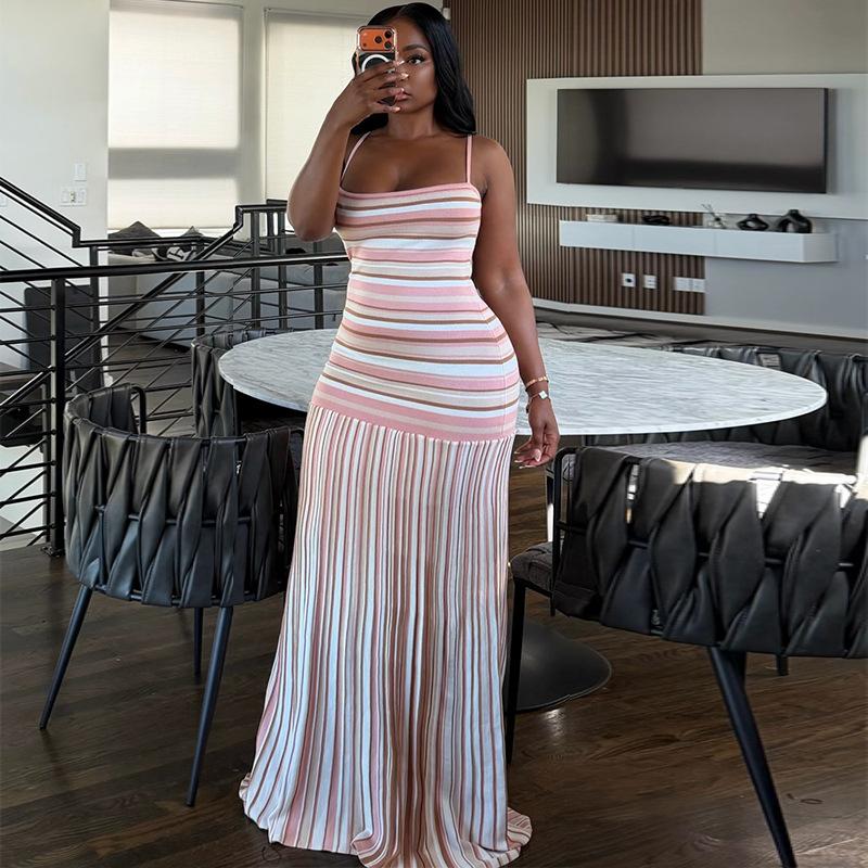 Women Summer Striped Spaghetti Strap Maxi Dress Backless High Waist Slim Fit Pleated Flared Hem Elegant Casual Vacation Bodycon Floor Length Sundress
