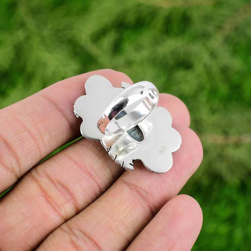 925 Silver Natural Solar Moss Agate Stackable Flower Adjustable Ring