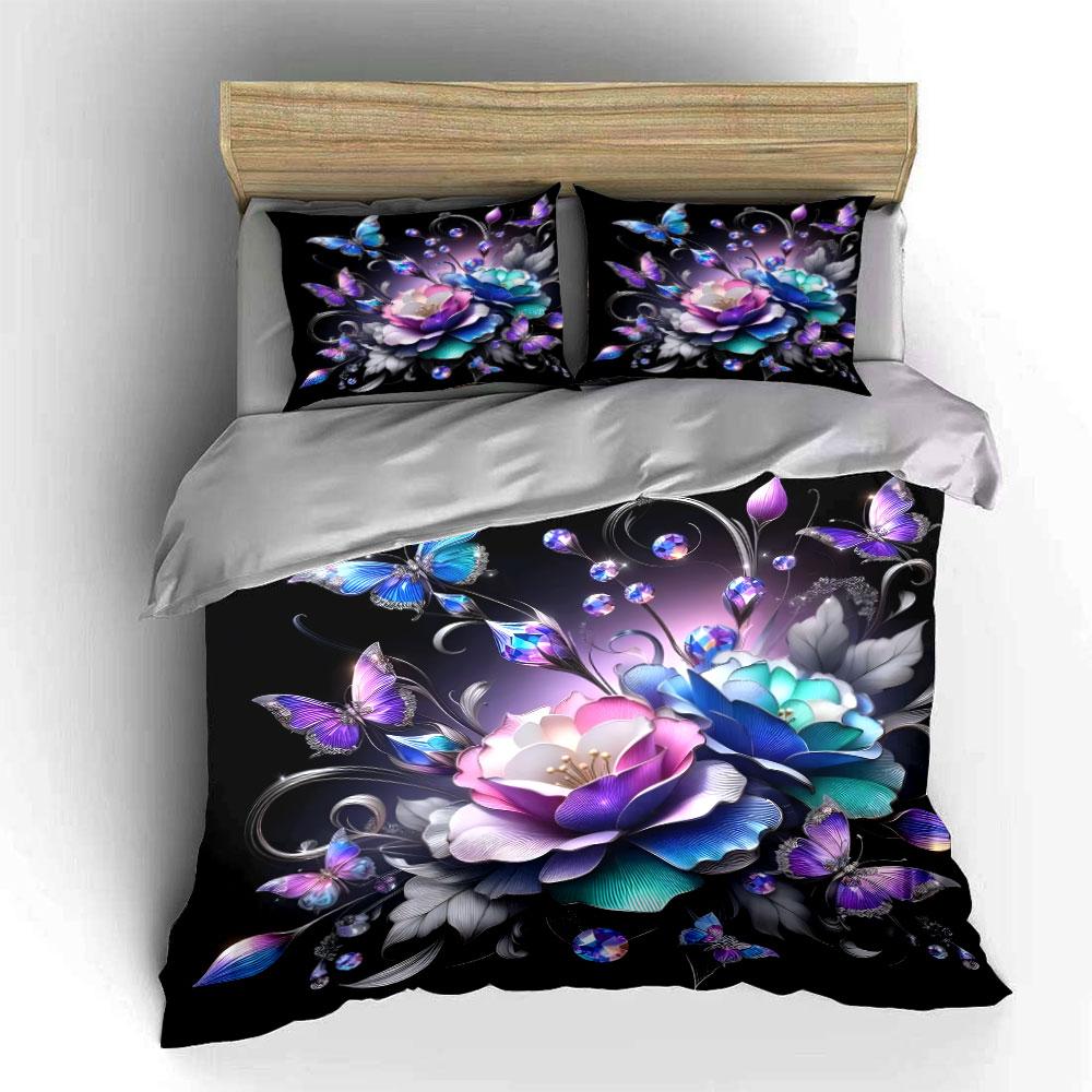 Elegant Floral And Butterfly Trio Ideal For Home Decor, Kid'S And Adults' Bedroom Decor,Exquisite Three-Piece Bedding Set Gift