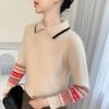 Women's Autumn/Winter Color Block Cashmere Knit Sweater with Contrast Lapel - Fashionable, Loose, and Thickened Design