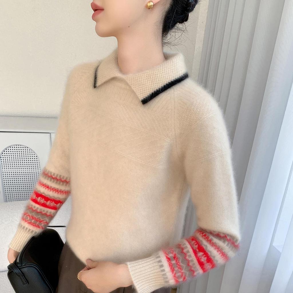 Women's Autumn/Winter Color Block Cashmere Knit Sweater with Contrast Lapel - Fashionable, Loose, and Thickened Design