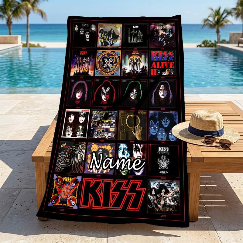 Personalisierter Name KISS Band Stilvolles Digitaldruck Strandtuch Schnelltrocknende Saugfähige Decke für Strand Pool Fitnessstudio Reisen