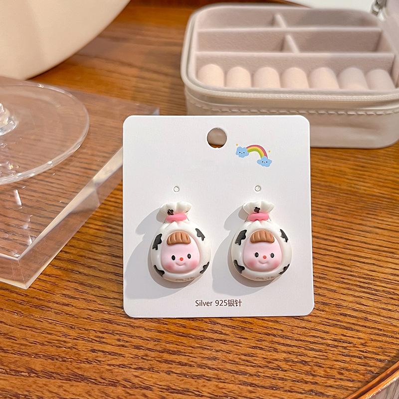 Summer Cartoon Cute Fruit Anthropomorphic Q Version Fun Girl Stud Earrings Peach Cow Flowers