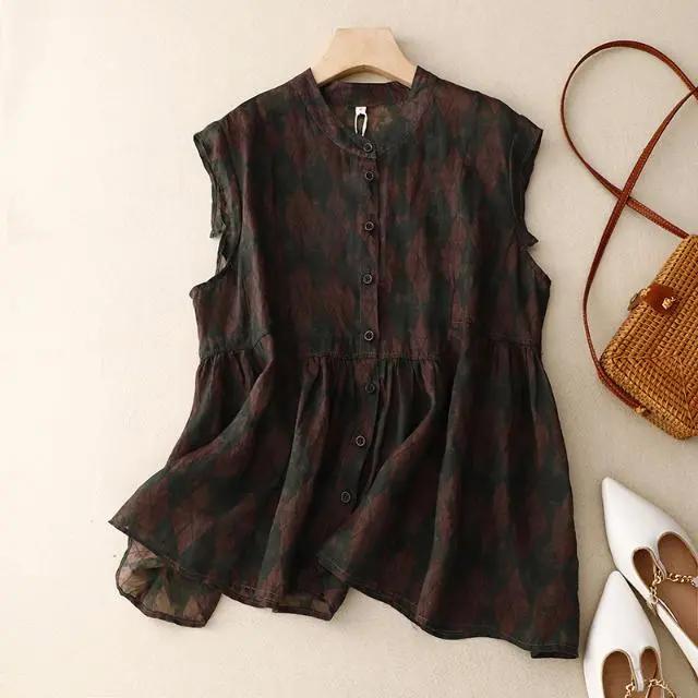 Sleeveless Vest Floral Printing Vintage Linen O-Neck Single Breasted Women's Blouse Shirt Female Clothing Tops