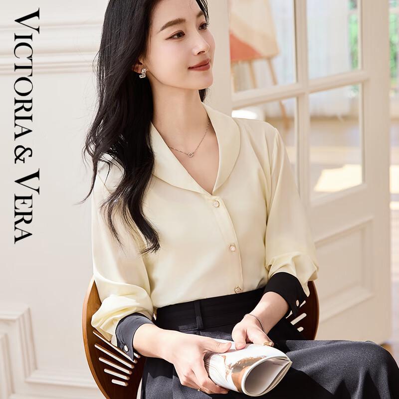 

VICTORIA&VERA Women s Spring V-neck Color-block Long-sleeve Shirt L