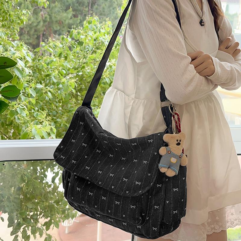 Denim Bag Women's Shoulder Bag Large Capacity Tote Bag Bow Print Commuter Crossbody Bag