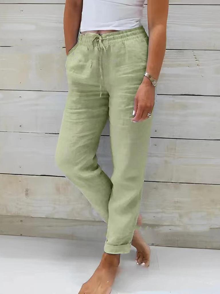 New Style Women's High Waist Elastic Waist Solid Cotton Linen Casual Pants