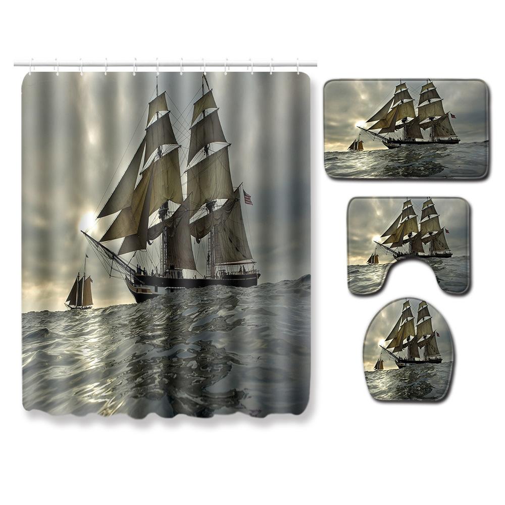 Landscape Shower Curtain Floor Mat Combination Four-Piece Set Bathroom Toilet Carpet Shower Room Mat Foot Mat