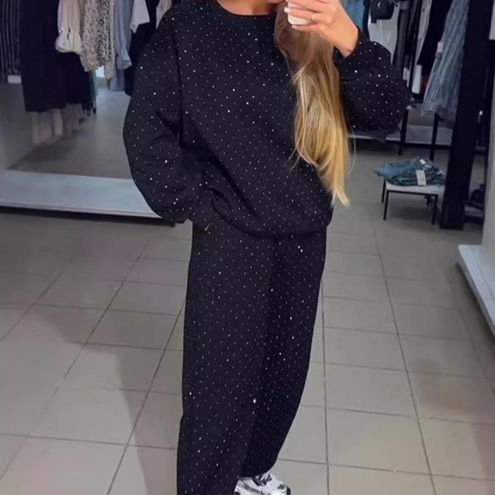 Set casual de toamnă/iarnă pentru femei europene/americane 2025 din două piese: Gât Rotund, Mânecă Lungă, Aplicat la Cald, Manșete cu Șnur la Glezne.