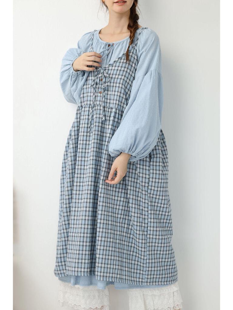 2026 Spring/Summer Mori Girl Lace-up Plaid Maxi Dress - Versatile Layered Camisole Skirt