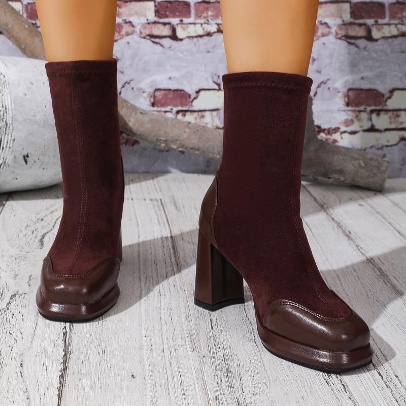 

Booties Autumn New Square Toe Spliced Suede Breathable Sleeve Platform Non-Slip Wear-Resistant Heeled Stretch Shoes 41 темно-коричневого кольору