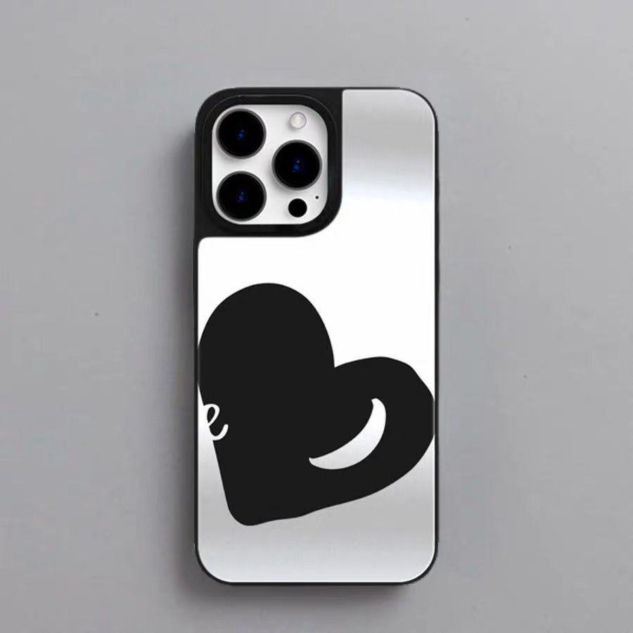 Ins Style Black Love Heart iPhone 15 Case with Mirror and Black Frame for 16 Pro Max