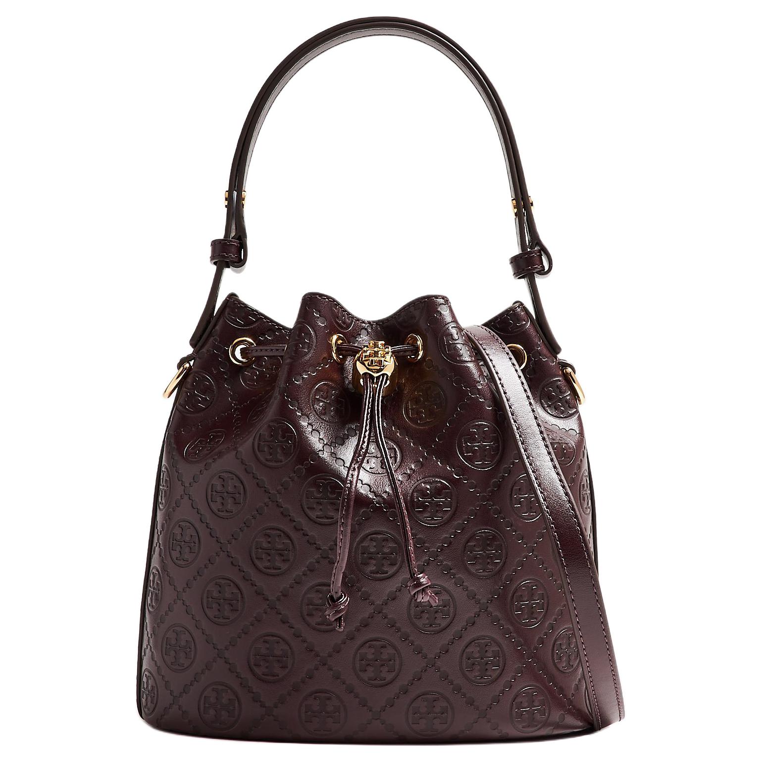 

Tory Burch T Monogram Logo Print Drawstring Closure Leather Bucket Bag Women Bags Deep-Red 158529-601 Basic Set (Bag+Dust Bag)