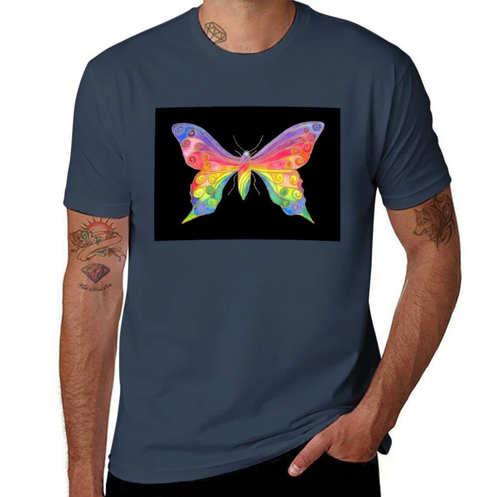 Rainbow Butterfly On Black Background Tshirt Summer Holiday Casual Tee
