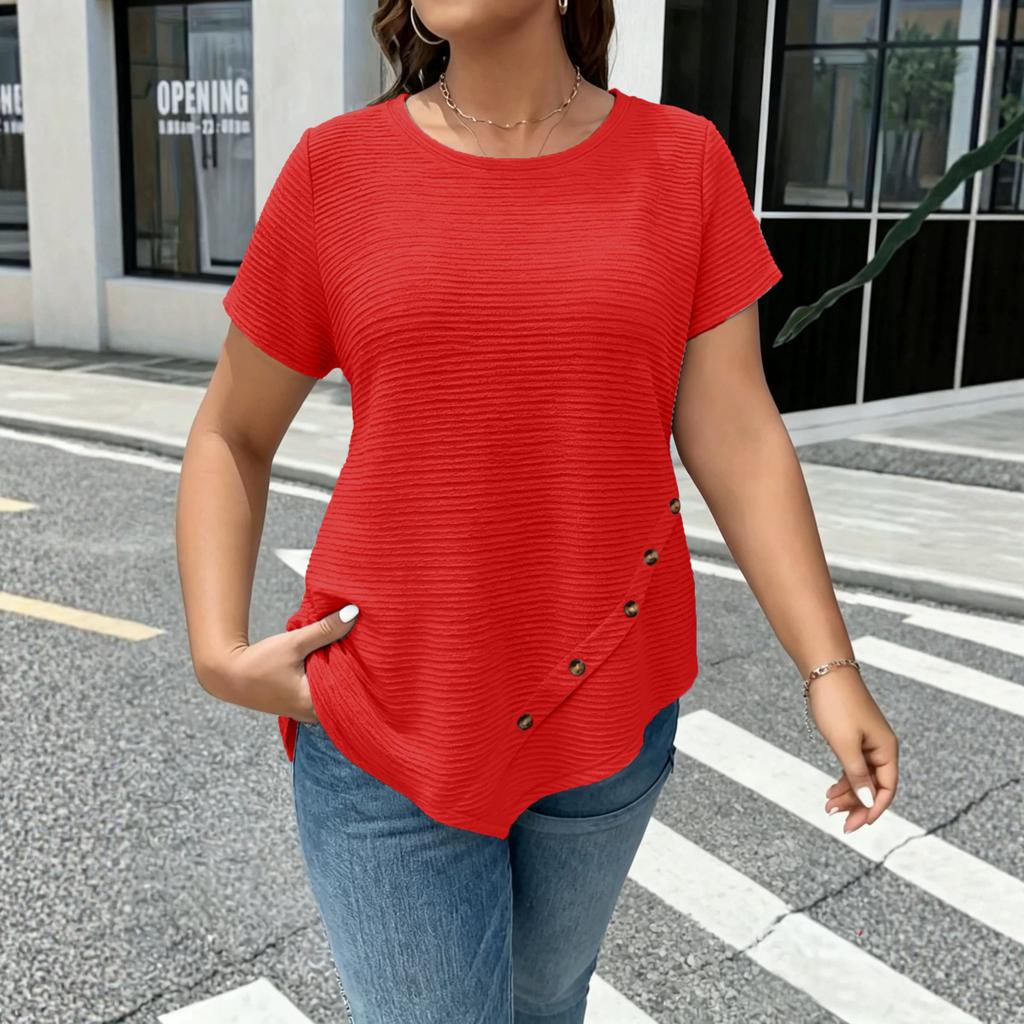 Women's Loose Fit Short Sleeve Casual T Shirt Asymmetric Hem Button Detail Lightweight Soft Fabric Comfortable Everyday Wear