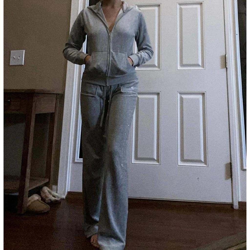 2 Pieces of Women's Outfit Fall Winter Women's Tracksuit Crystal Hoodies and Pant Sets Y2K Velvet Tracksuit