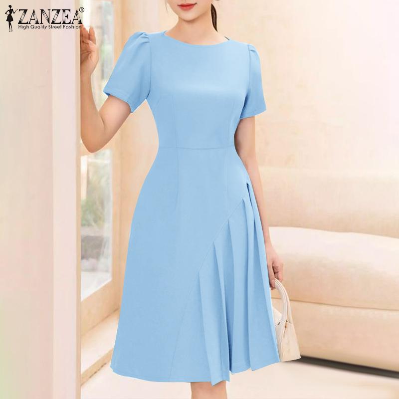 ZANZEA Womens Summer Round Neck Casual Short Sleeve Dress