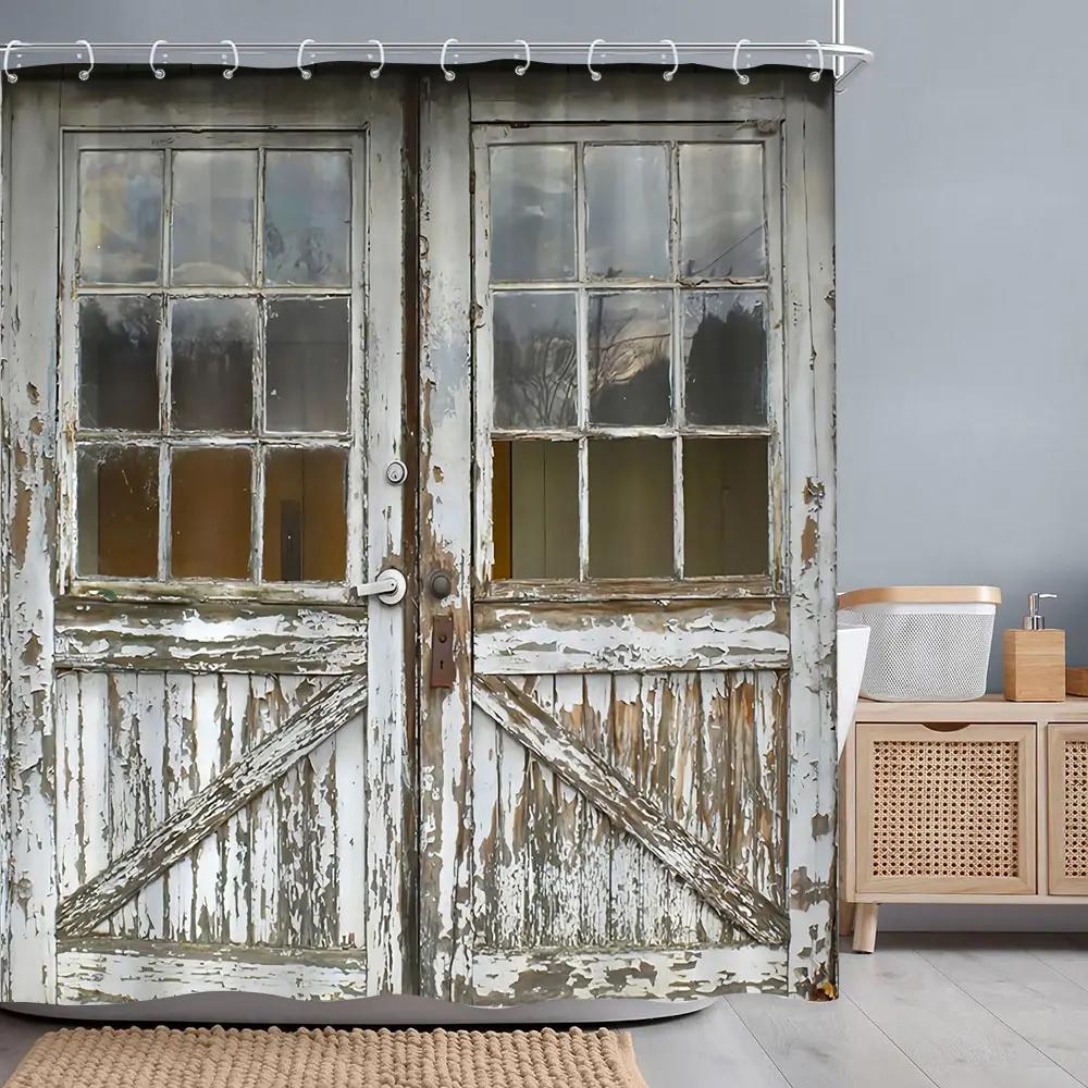 Vintage Wooden Door Shower Curtain Rustic Door Window Wheel Botanical Barn Polyester Shower Curtains Bathroom Decor with Hooks