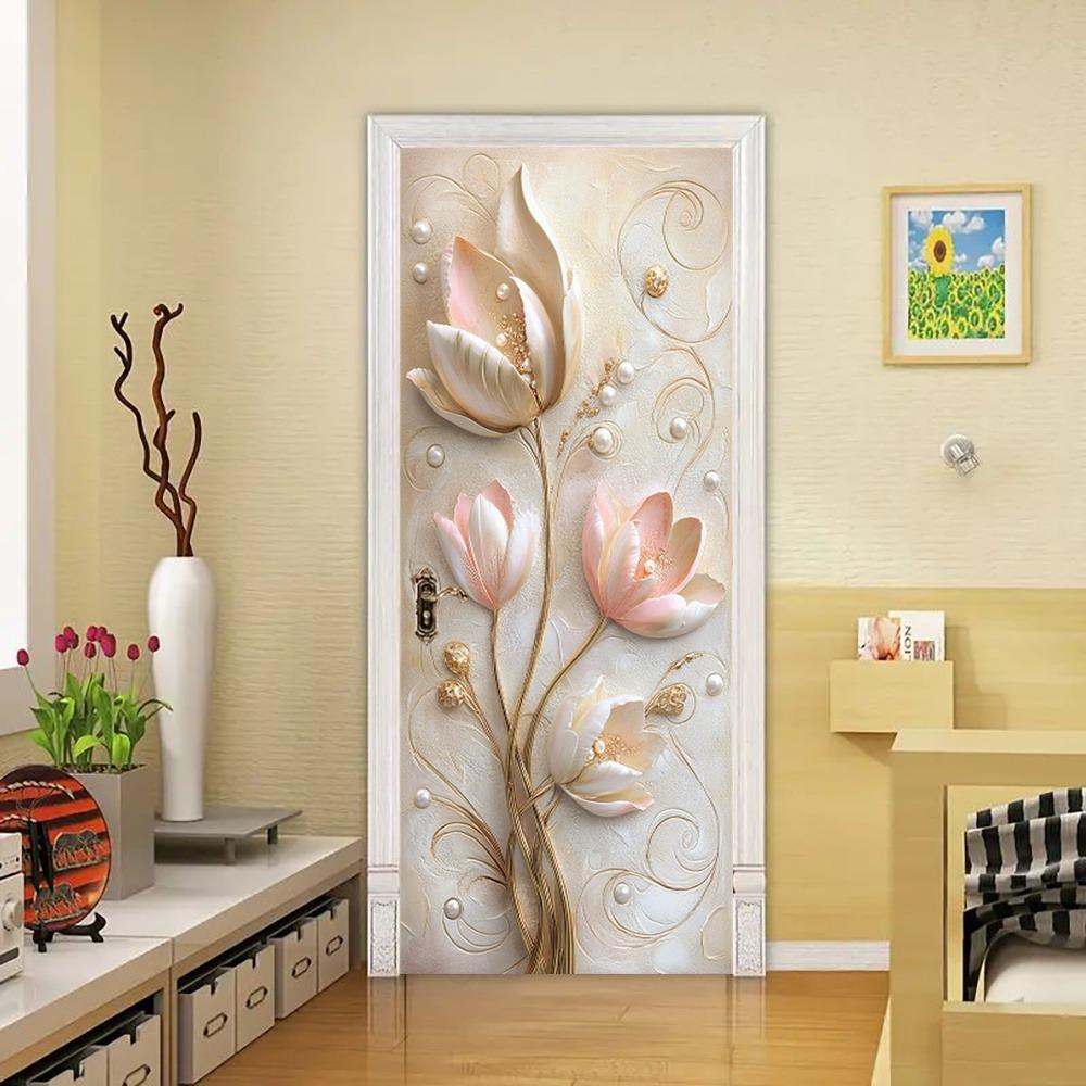 Modern Embossed Floral Jewelry Poster Door Sticker, Abstract Art Door Sticker, PVC Self-adhesive Removable Door Sticker.