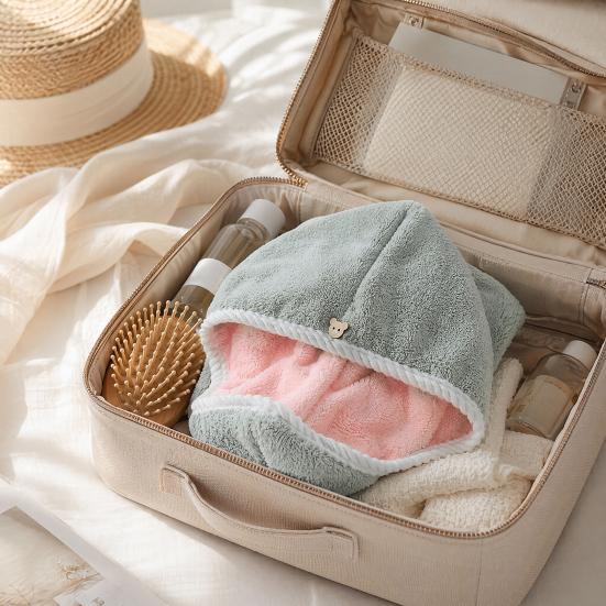 Hair Drying Towels with Button, Super Absorbent Double-Layer Coral Fleece Hair Towel, Quick Drying Travel Bathing Hair Wrap